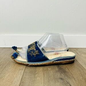 Vintage Turkish Gold Embroidered Blue Slip-On Women's Slippers Size 7